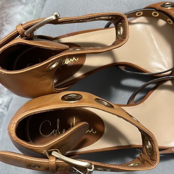Cole Haan Womens Criss Cross Tan Leather Open Toe Grommet Sandals Heels Size 9.5 - Picture 9 of 15